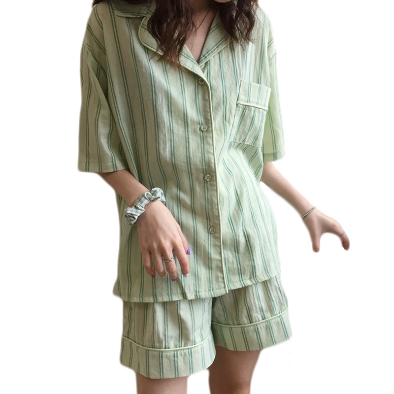 Bộ Đồ Ngủ 2 Món Áo Tay Ngắn Cổ Bẻ Cài Khuy + Quần Dài Dáng Rộng In Họa Tiết Kẻ Sọc Thời Trang Cho Nữ