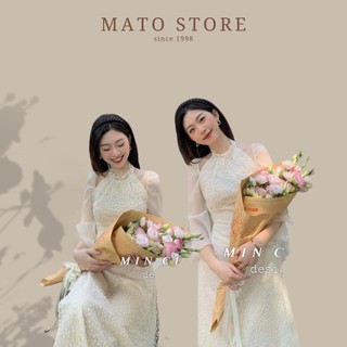 Set áo dài ren hoa nhí tay bèo cổ yếm cao cấp, áo dài cách tân cổ yếm tay bèo thiết kế hoa nhí nổi bật