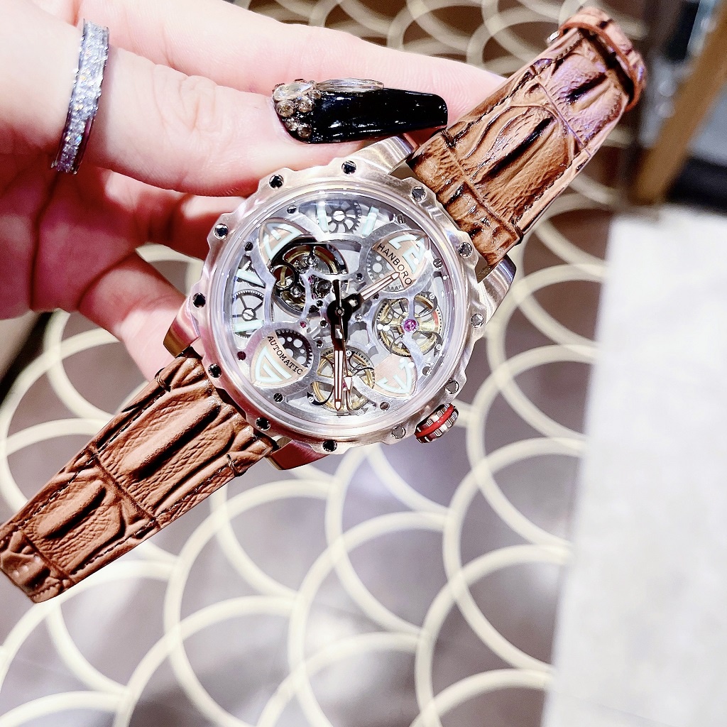 Đồng Hồ Nam Hanboro Automatic  Dây Da Nâu Gân Rose Gold 44mm