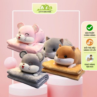  Bộ chăn gối văn phòng hình chuột cười xinh chuột mịn Hamter kèm chăn ANVIHOME Gấu kèm mền 