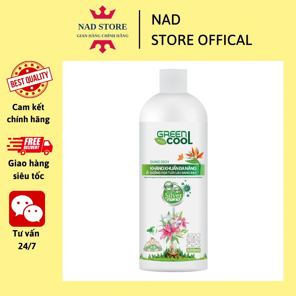 Dung dịch kháng khuẩn đa năng và dưỡng hoa tươi lâu nano bạc GreenCool ngâm rửa đồ dùng sinh hoạt dung tích 500ml