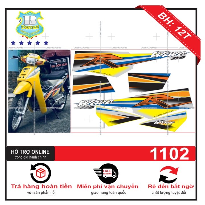 DECAL PVC 5 LỚP CHẤT LƯỢNG CAO Tem rời wave nhỏ đời đầu chữ R vàng