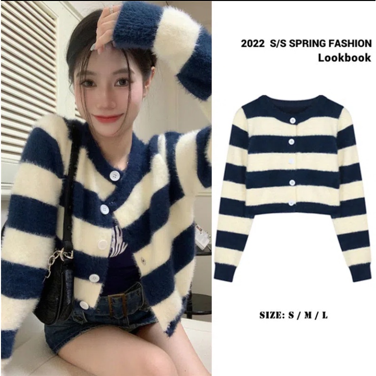 Áo Khoác Sweater Dệt Kim Kẻ Sọc Dáng Rộng Thoải Mái Cho Nữ