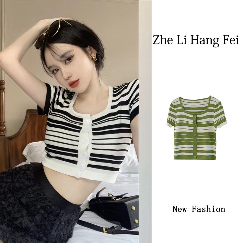 【ZHELIHANGFEI】Áo Thun Cardigan Dệt Kim Tay Ngắn Cổ Vuông Lưng Cao Kẻ Sọc Cá Tính