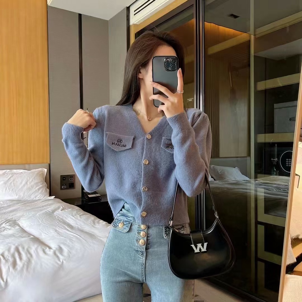 Áo dệt kim SUXI tay dài dáng rộng cổ chữ v thời trang vintage đơn giản cho nữ mùa thu đông