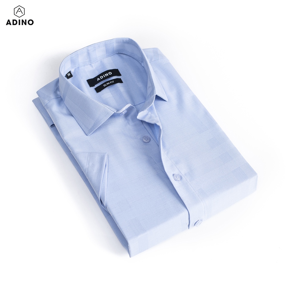 Áo sơ mi ngắn tay nam màu xanh biển kẻ sọc ô ADINO vải sợi tre Bamboo mềm mát dáng slimfit công sở trẻ trung CT93