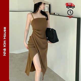 Váy đầm nữ hai dây body dáng dài xẻ tà chéo nhún eo tôn dáng