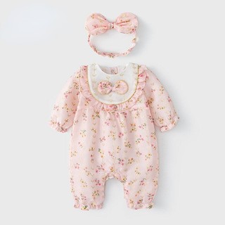 Bộ áo liền quần 2 dây buộc nơ in hoa + băng đô xinh xắn cho bé gái
