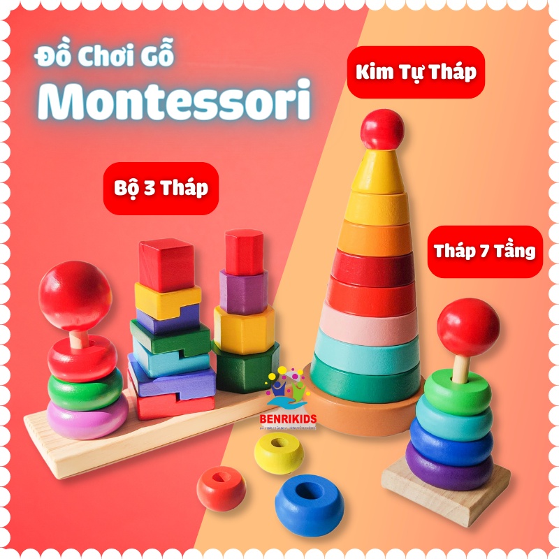 Đồ Chơi Xếp Hình Gỗ Cho Bé, Bộ 3 Tháp Xếp Chồng Bằng Gỗ Nhiều Màu Sắc Cho Bé