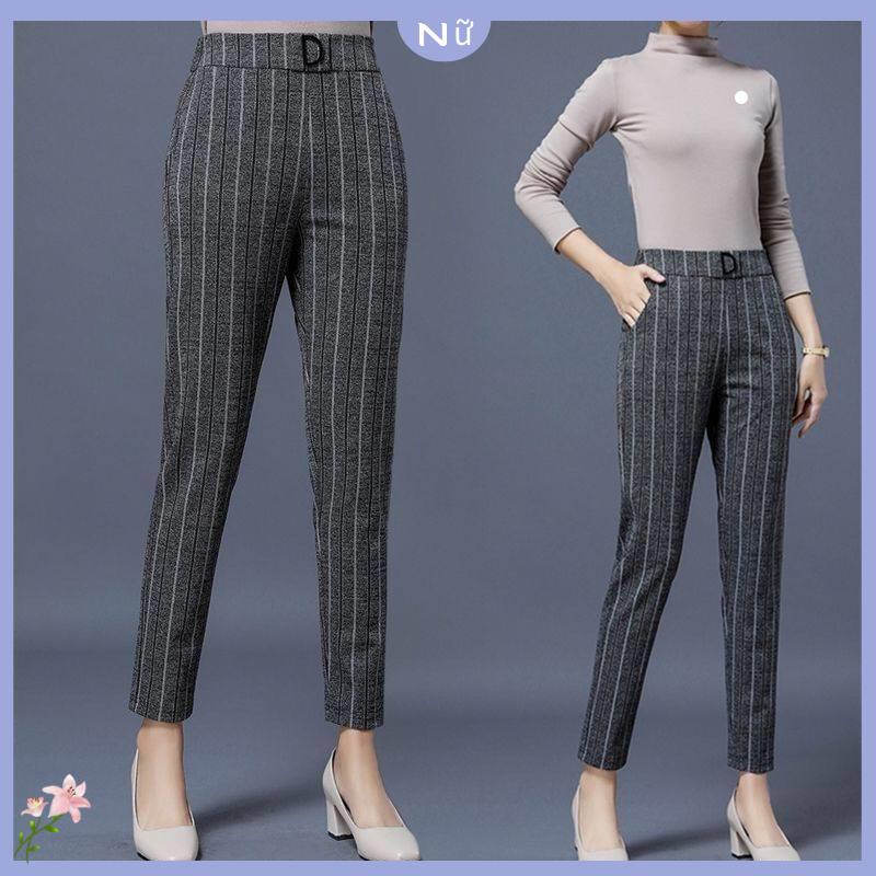 Qu n D 'R ng Mới Quần Harem Dáng Rộng Eo Cao Kẻ Sọc Dọc Micro-Stretch Thời Trang Mùa Thu Cho Nữ