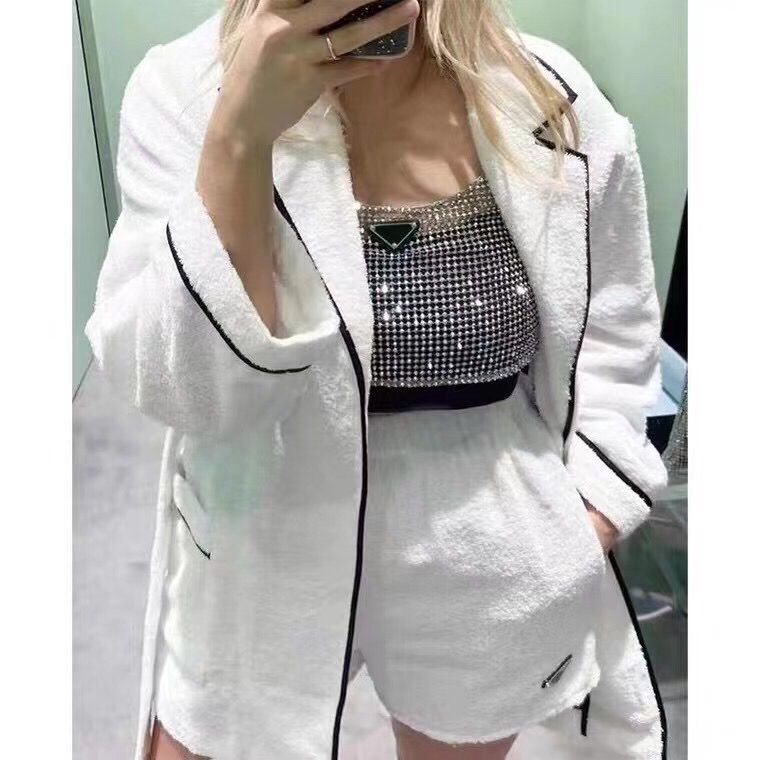 PRADA 2022 new style imitation Crystal sling two-piece set heavy industry hot drilling hollow out navel short vest sexy spot supply