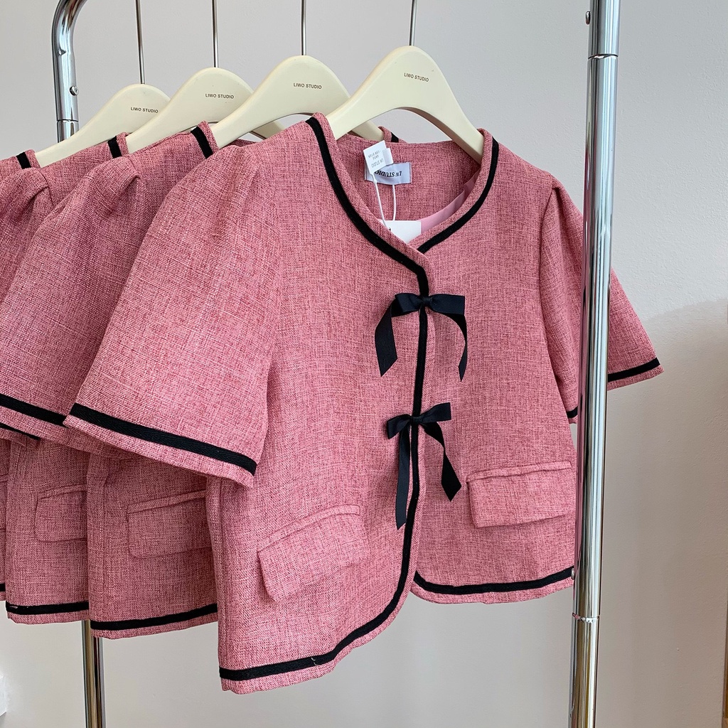 (HÀNG SẴN - HÌNH THẬT) Áo chất Tweed Hàn cổ tròn đính nơ - Blazer mặc được 2 kiểu Khoác ngoài hoặc mặc trơn