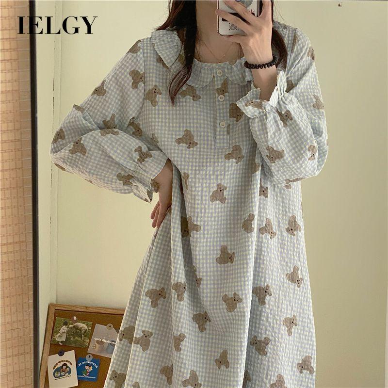 IELGY Bộ Đồ Ngủ Tay Dài In Hình Gấu Dễ Thương Phong Cách Nhật Bản Cho Nữ