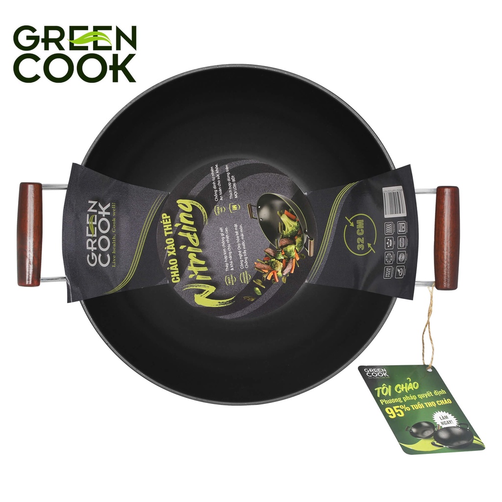 Chảo xào thép sâu lòng Nitriding Green Cook GCW01 dùng được trên tất cả các loại bếp