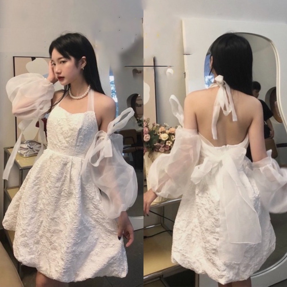 Váy cổ yếm hở lưng trễ vai thiết kế tay rời cột nơ họa tiết gân nổi ( có mút ngực ) - 1201
