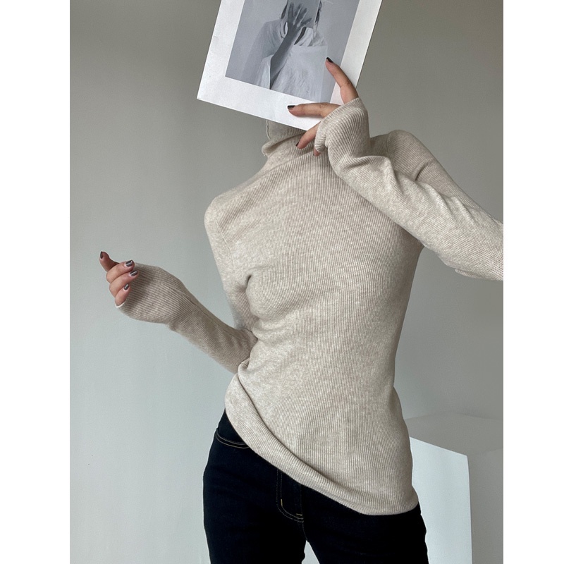 Áo croptop HUANG YOYO 2023 dệt kim tay dài cổ cao màu trơn phong cách thời trang Hàn Quốc dành cho nữ