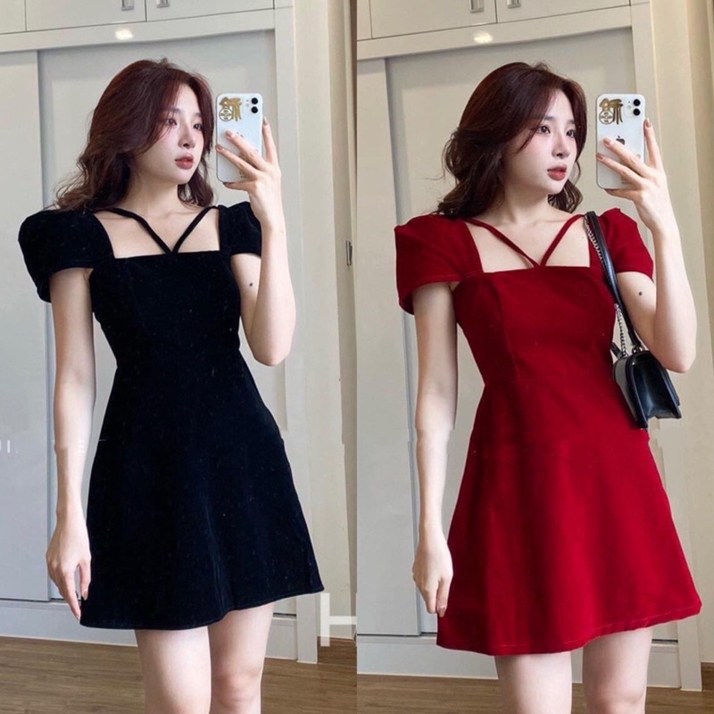Váy nhung thiết kế tay hến có đệm ngực (hàng sẵn)