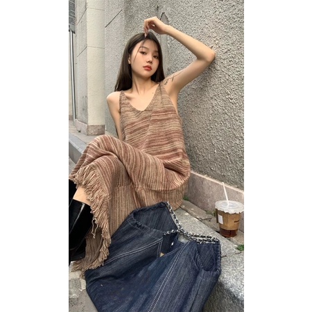 Váy Len Sọc Nâu Tua Rua Dáng Dài Vintage