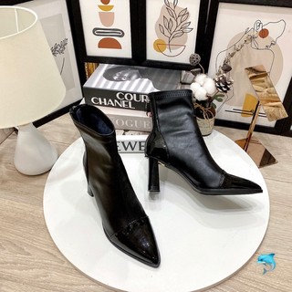 giày bốt nữ mũi nhọn vá gót 7cm boots da mềm fullbox