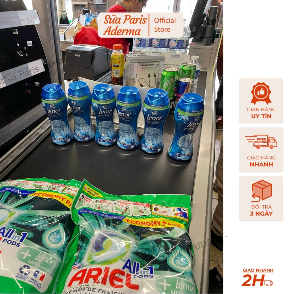 Viên xả vải khô Lenor của pháp, cho quần áo thơm tho, hương thơm rất Tây luôn a.