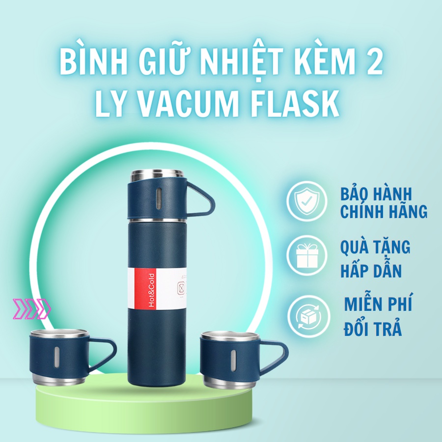 Bình Giữ Nhiệt kèm 2 Ly Vacum Flask 500ml inox 304+ silicon, Sang trọng tinh tế, Bảo hành 1 đổi 1 trong 7 ngày