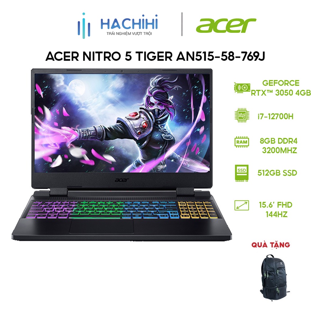 Laptop Acer Nitro5 Tiger AN515-58-769J i7-12700H|8GB|512GB|RTX3050 4GB|15.6' FHD 144Hz|W11