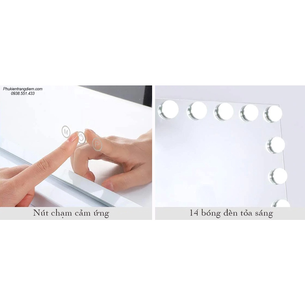[Cao 52cm - 14 LED] Gương Đèn LED Cảm Ứng Để Bàn Trang Điểm Chữ Nhật - Cỡ Lớn