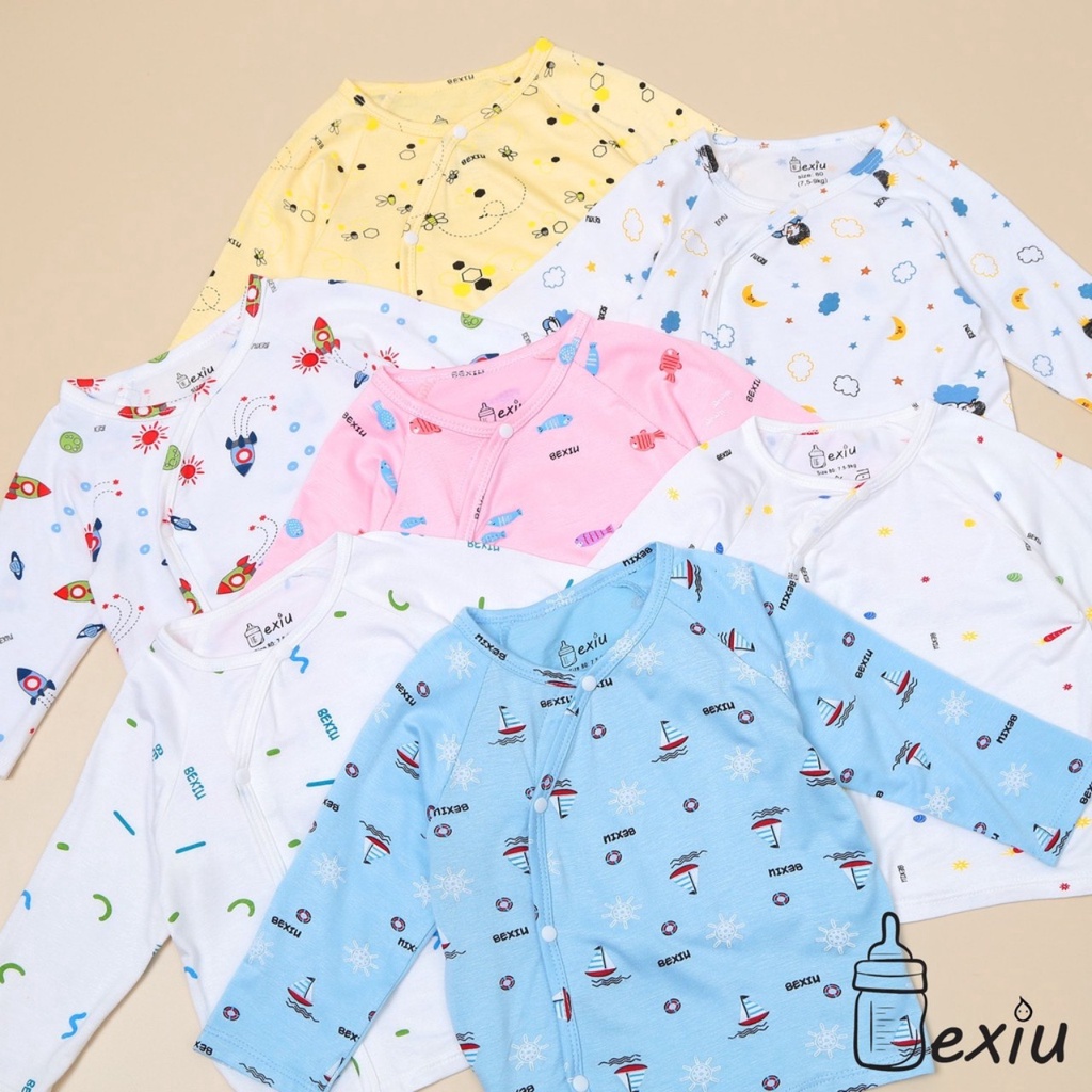 Bộ dài tay thun lạnh cài lệch sơ sinh Bé Xíu Bexiu trắng hoạ tiết cho bé trai bé gái từ 4-9kg