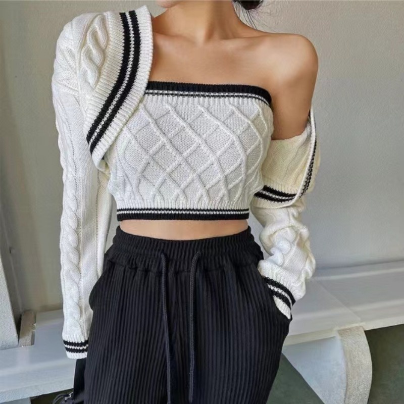 Set Áo Hai Dây Màu Sắc Tương Phản Phối Áo Khoác Cardigan Tay Dài Thời Trang Hàn Quốc 2022 Cho Nữ