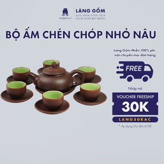 Bộ ấm chén uống trà tử sa đất nung dáng chóp bẹt kèm khay tròn hoặc đĩa lót gốm sứ Bát Tràng cao cấp - LÀNG GỐM
