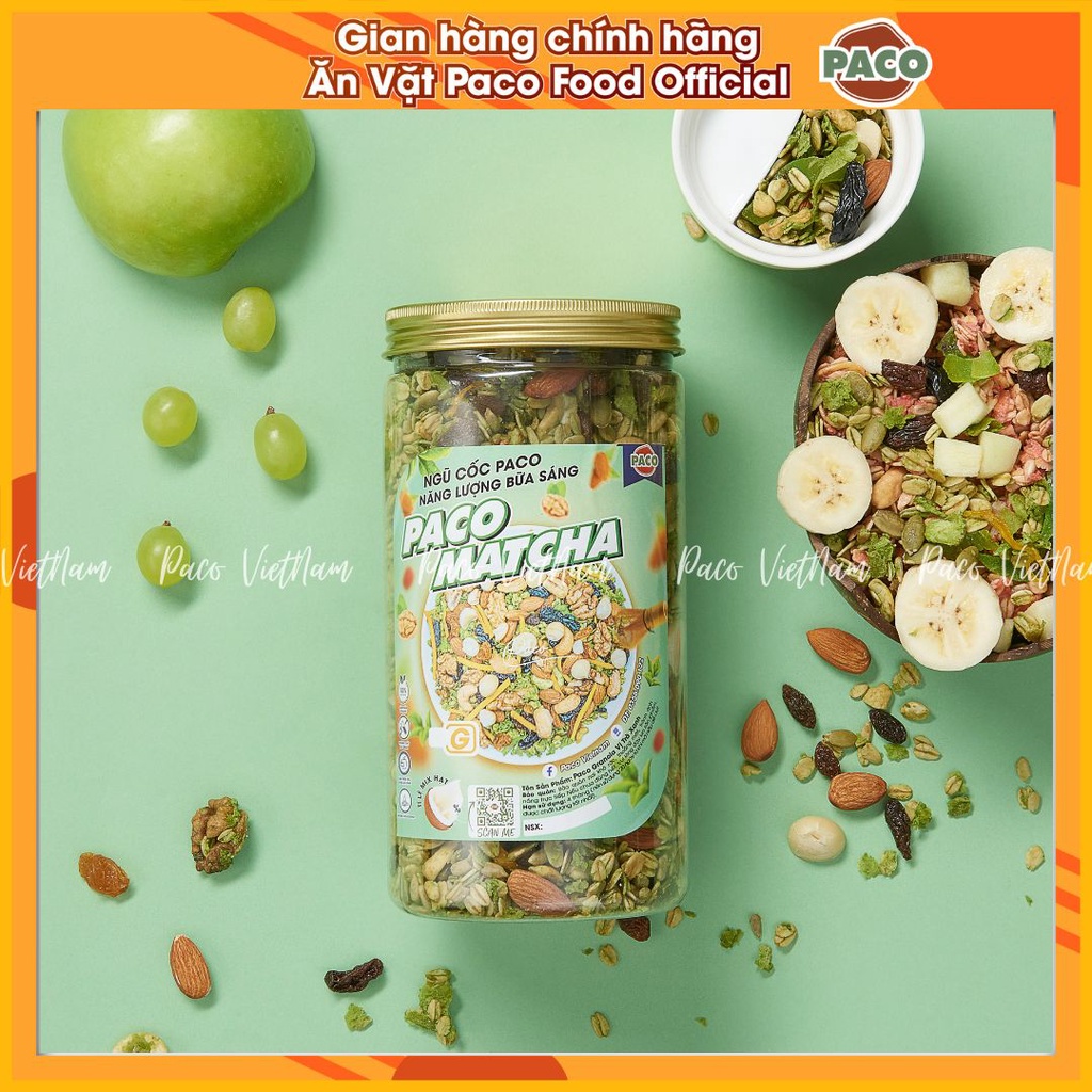 Granola PACO MATCHA TRÀ XANH có Macca hơn 80% siêu hạt dinh dưỡng và hoa quả sấy ăn kiêng giảm cân ăn không ngấy