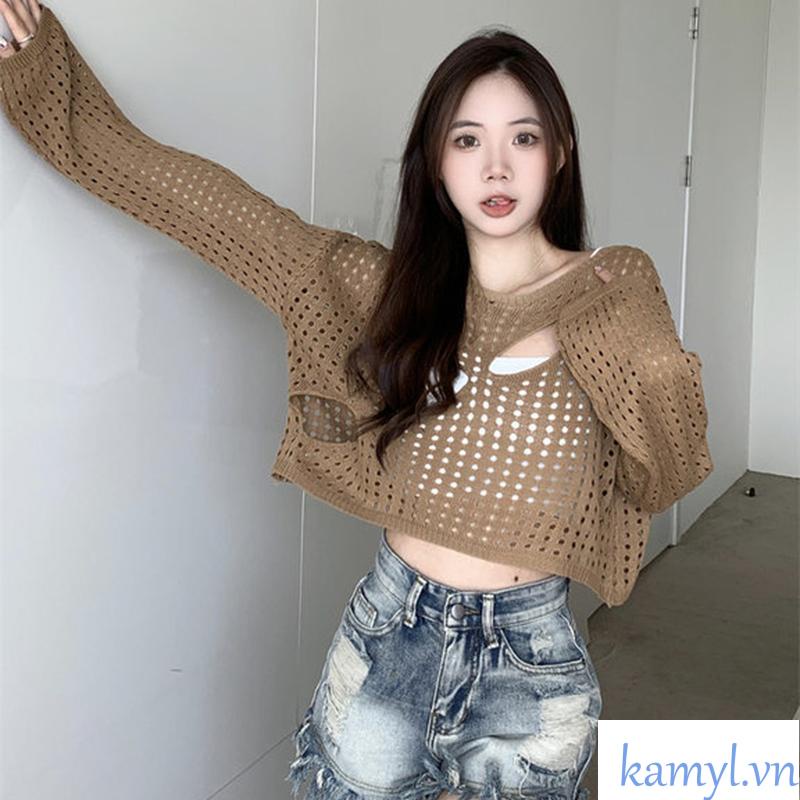 Kamyl🌸 Áo croptop dệt kim tay dài chống nắng thời trang phong cách Hàn Quốc cho nữ Áo croptop dệt kim tay dài  áo khoác ngoài sành điệu | BigBuy360 - bigbuy360.vn