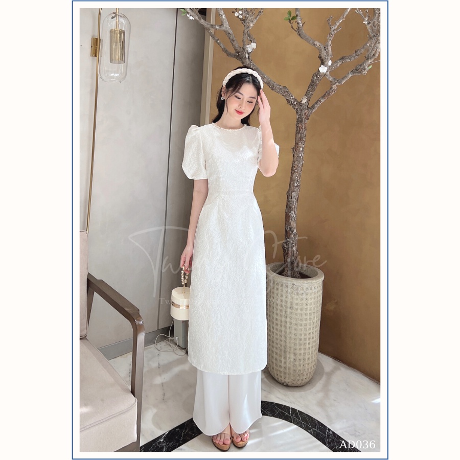 Áo dài dáng ôm KÈM QUẦN, áo dài TWINS STORE chất gấm Cổ Tròn cao cấp, tay bồng điệu đà - AD036CT