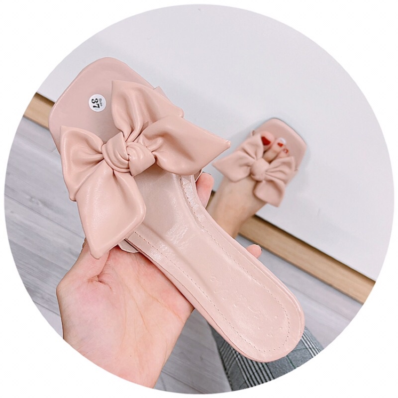 Dép nữ cao gót quai nơ da lì gót vuông 4cm