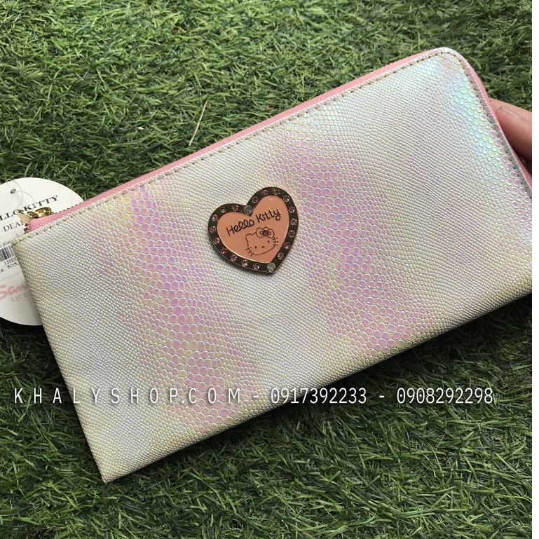 Bóp ví tiền cầm tay dây kéo da mềm kiểu vân cá sấu nhiều ngăn hình Hello Kitty màu trắng cực xinh (23x12cm)👑