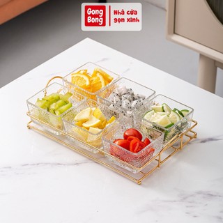 Khay mứt Tết đựng bánh kẹo khay đựng hoa quả thủy tinh 6 ngăn mạ vàng có nắp cao cấp sang trọng