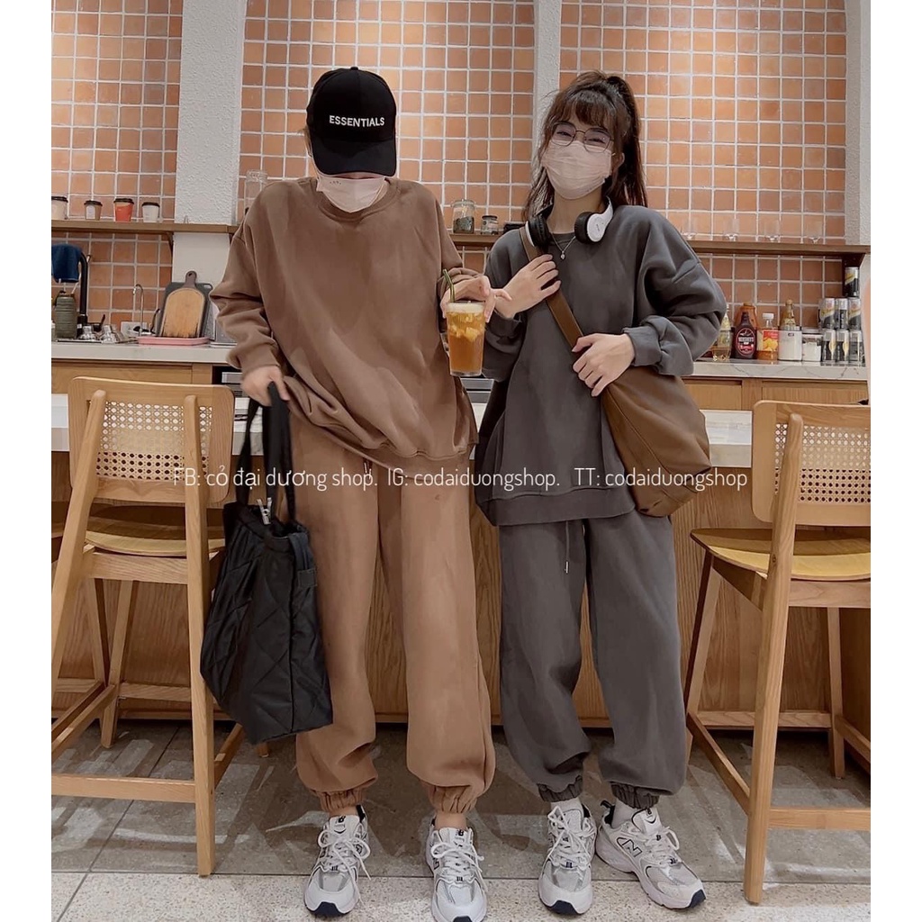 Bộ nỉ hoodie cổ tròn Bộ oversize mùa đông đơn giản, basic hàn quốc