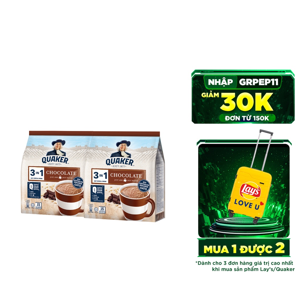 Combo 2 Túi Thức uống yến mạch Quaker 3in1 Vị Chocolate 420g/túi