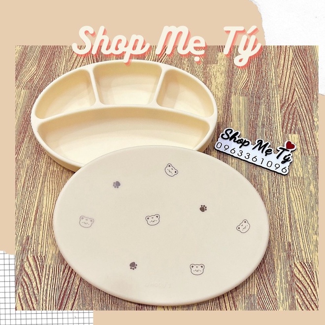 Khay ăn dặm/ Nắp đậy khay Silicon Bluemama Modui 4 ngăn có đề hít chống đổ Made In Korea cho bé từ 6 tháng tuổi