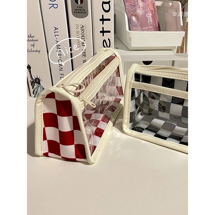 Túi Đựng Bút Chì Kẻ Ô Màu Trắng Đen Dung Tích Lớn JP5 Trong Suốt Phong Cách Nhật Bản