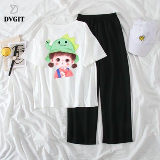 Sét áo cô bé chibi đội mũ khủng long các màu trắng, hồng, xanh, đen kèm quần ống rộng DVGIT