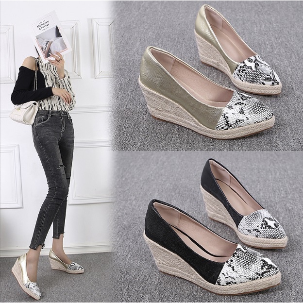 Giày cao gót đế xuồng bọc cói 8cm, phối họa tiết da rắn thời trang (order)
