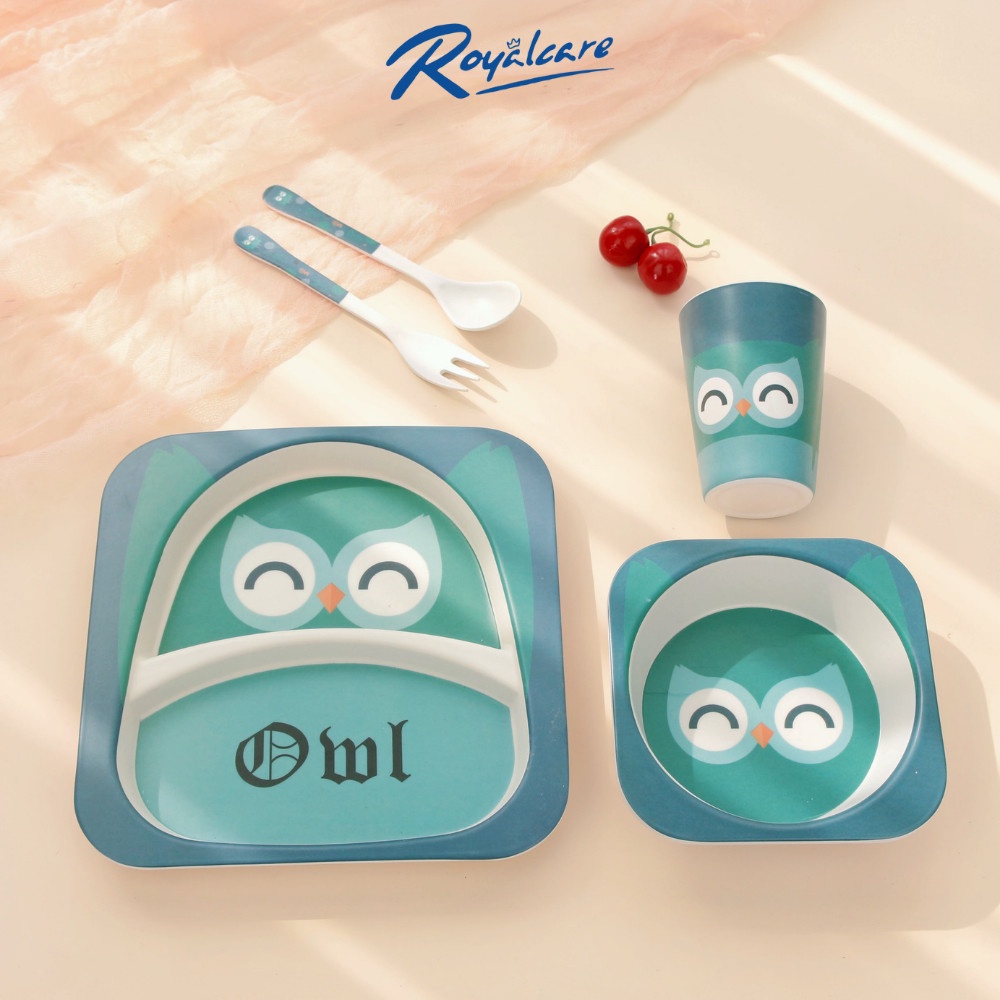 Set ăn dặm 5 món gồm cốc, bát, thìa, dĩa và khay 2 ngăn làm từ tre Bamboo kháng khuẩn Royalcare 17006