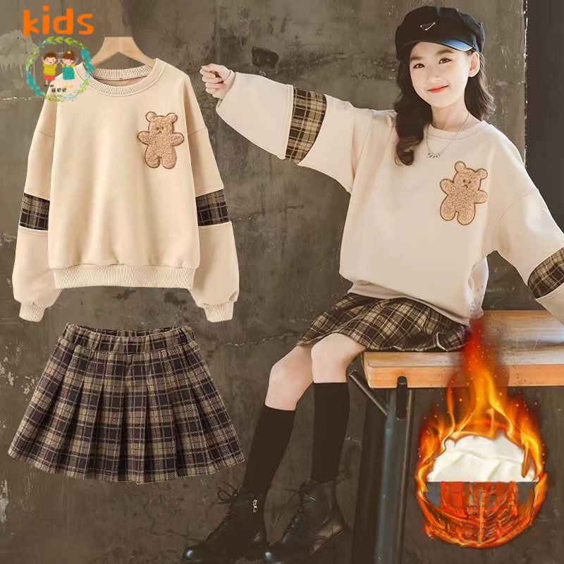 Set Áo Len Tay Dài Lót Lông Cừu Dày Phối Chân Váy Thời Trang Thu Đông Mới Cho Bé Gái 3-5 - 8-10 - 12-13 Tuổi