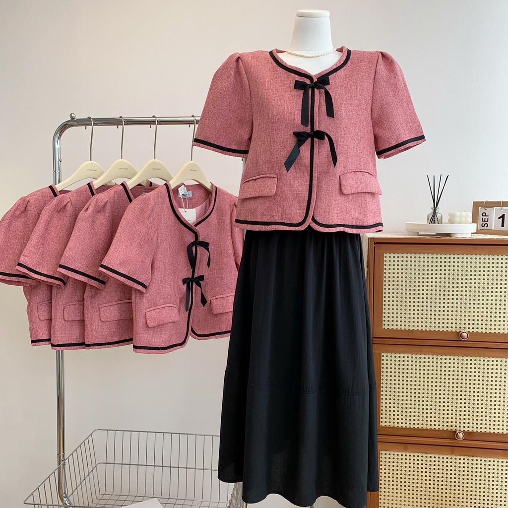 (HÀNG SẴN - HÌNH THẬT) Áo chất Tweed Hàn cổ tròn đính nơ - Blazer mặc được 2 kiểu Khoác ngoài hoặc mặc trơn