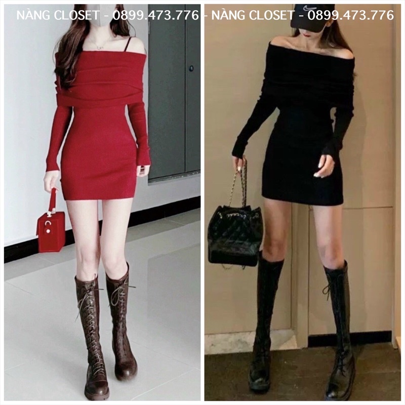 [FREESHIP] Đầm ôm body tay dài trễ vai màu đỏ đen diện noel/Tết NÀNG CLOSET