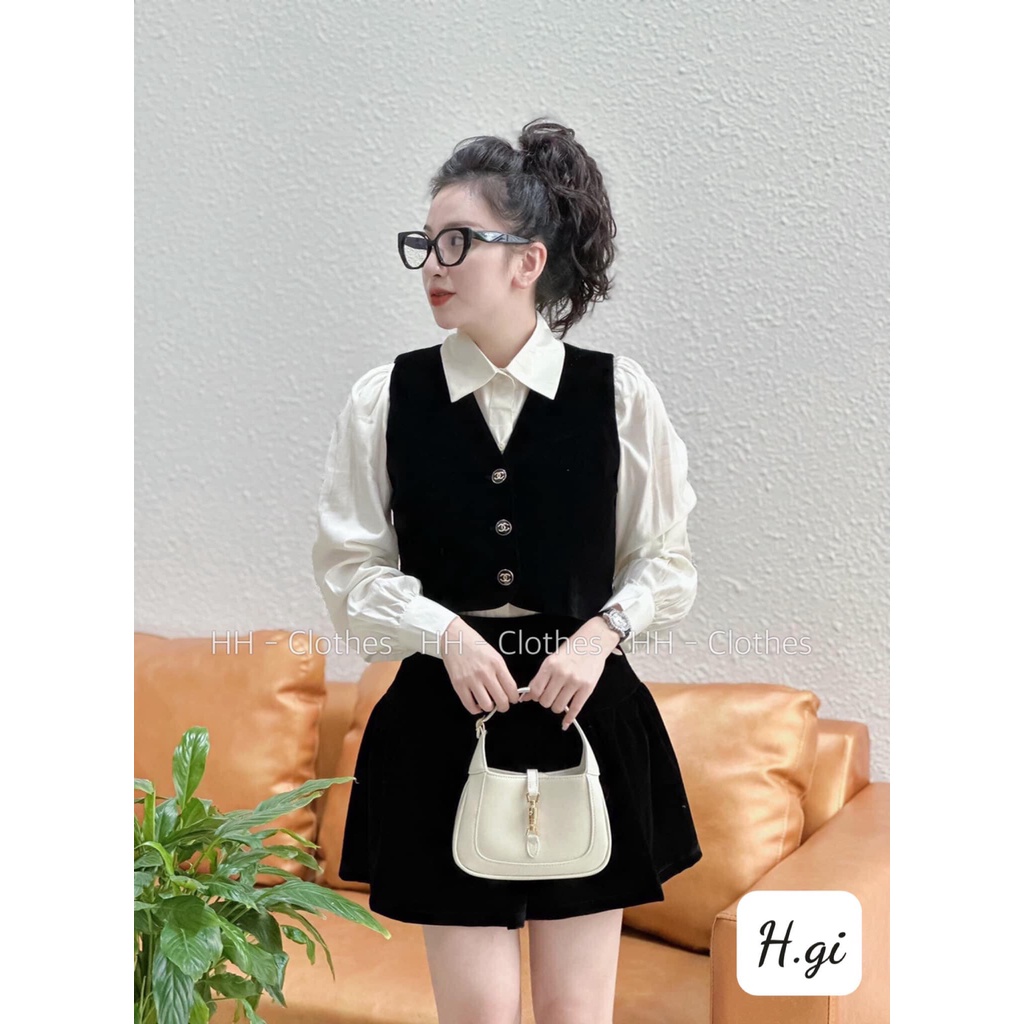 Sét nhung 3 chi tiết áo sơ mi tơ phối ghile (kèm ảnh thật)