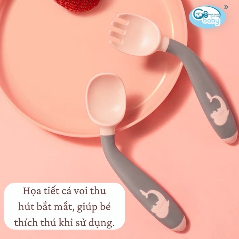 {Nhùn nhùn}Set 2 chiếc Thìa /dĩa ăn dặm báo nóng cảm ứng nhiệt, uốn cong Gb-Baby