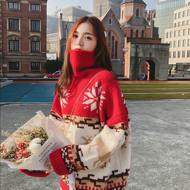 Mới Áo sweater Cổ Lọ Dáng Rộng Dày Dặn Màu Đỏ Phong Cách Nhật Hàn Thời Trang Thu Đông Cho Nữ Có Size 39-3920221119031556