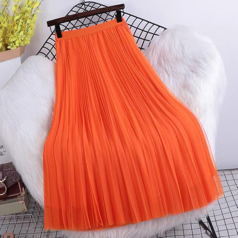 Chân Váy Lưới Xếp Ly Dáng Xòe Dài Lưng Cao Màu Trơn Dễ Phối Đồ